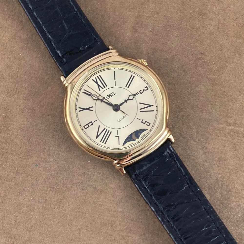 Vintage Rare Very Early Fossil MOON PHASE Gold and Stainless Steel Watch